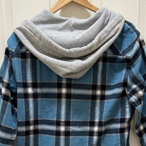 Quiksilver Men's Hooded Buttoned Flannel Shirt Size M Blue Plaid Y2K Grunge NEW - Picture 11 of 13